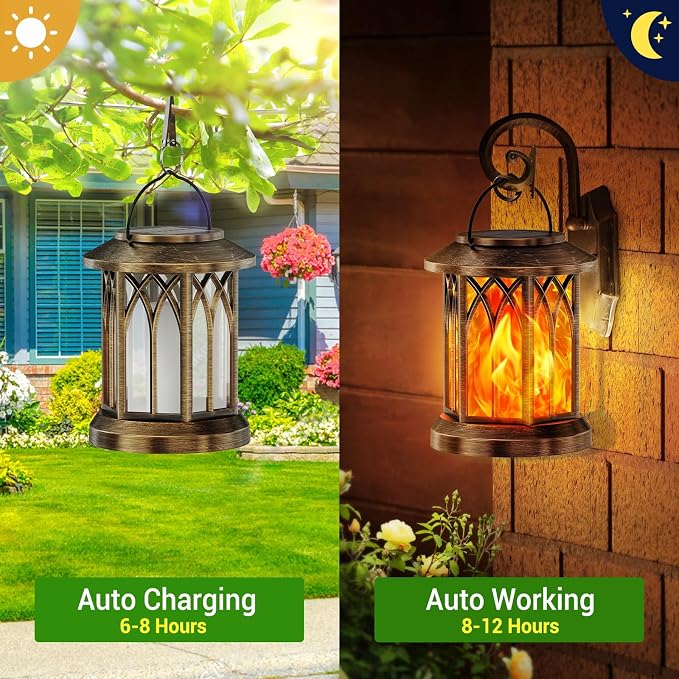 KOOPER 2 Pack Solar Lanterns Outdoor Waterproof, Upgraded Flickering Flame Solar Lantern Lights, Auto On/Off Lanterns Decorative Outdoor, Outdoor Hanging Lantern for Yard Garden Table Decor (Bronze )