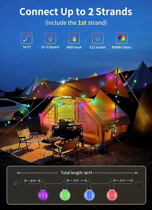Brightown Outdoor String Lights 58 Feet G40 LED Patio Lights, RGB, Remote | 25 Plastic Edison Bulbs, Timer, Waterproof Connectable Outside Light for Backyard Porch Balcony Party Christmas Decoration
