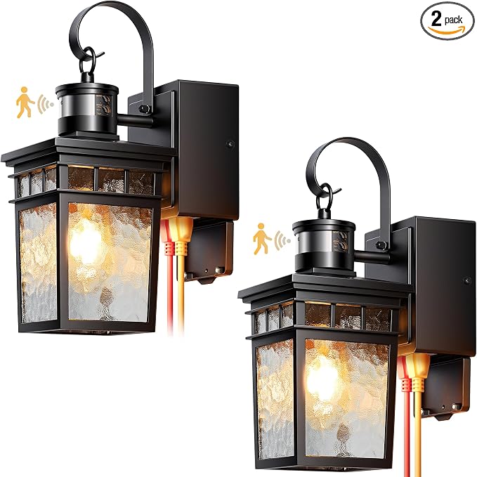 Gleamz Adjustable Time & Distance Outdoor Light with GFCI Outlet, 2 Pack Motion Sensor Outdoor Light Fixture, Black Dusk to Dawn Outdoor Lights for House, Patio, Garage, Waterproof, Aluminum