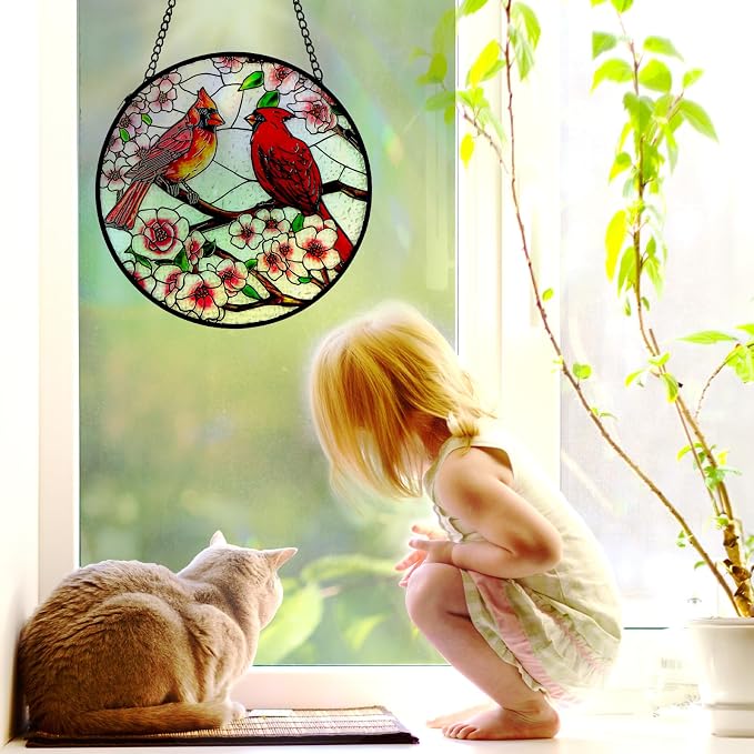 Remiawy Cardinal Stained Glass Window Hanging, 6 Inch Glass Panel with Metal Chain and Hooks Window Hanging Indoor Window Wall Art Home Decor Gift for Bird Lovers Women Mother's Day Christmas