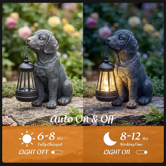 Lyeasw Solar Dog Statues with Lantern, 8.4 inch Ideal Gifts for Mom, Dad or Birthdays Dog Memorial, Outdoor Decorations for Patio Porch Lawn Backyard