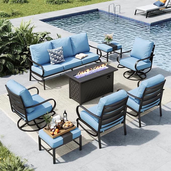 MFSTUDIO Patio Furniture Sets with 45" Gas Fire Pit Table, 8 Pieces Outdoor Metal Conversation Sets with 1 x 3-Seat Sofa, 2 Single Chairs, 2 Swivel Chairs and 2 Ottomans, Blue Cushion
