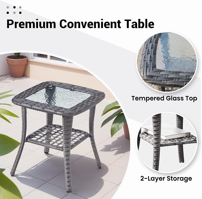 ovios Outdoor Patio Side Table with Tempered Glass Top Wicker Coffee Tables for Garden Porch Yard Deck Balcony, Grey Rattan