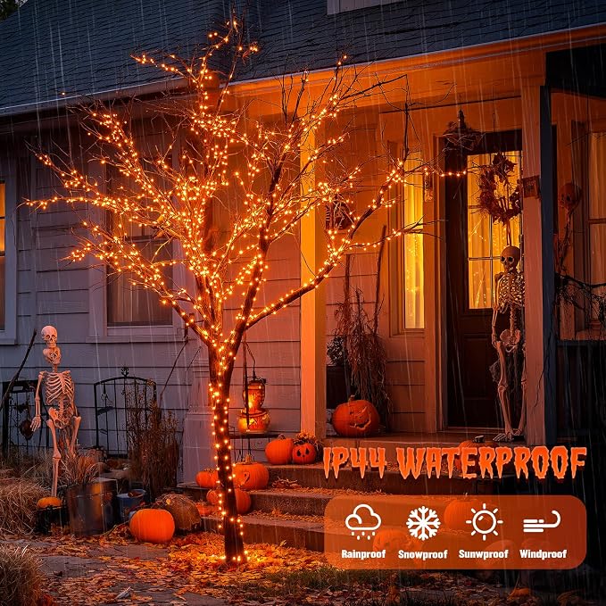 JMEXSUSS 2 Pack Solar Halloween Lights, 33FT 100 LED Orange Fairy Lights | Outdoor Waterproof, 8 Modes Solar String Lights for Outside Tree Party Patio Garden Christmas Halloween Decorations