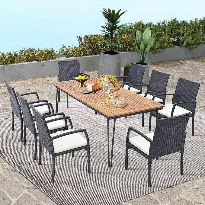 9 Pieces Patio Rattan Dining Set with Acacia Wood Table, Heavy Duty Outdoor Table and Chairs Set with Soft Cushions and 1.9 Inches Umbrella Hole, for Backyard, Garden and Poolside