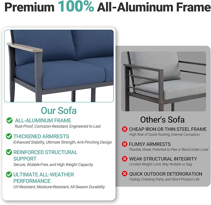 Aluminum Outdoor Patio Furniture Set with Swivel Rocking Chairs 9-Seat, Patio Sectional Sofa with Ottomans Patio Conversation Set with 55,000 BTU Fire Pit Table & High Backrest, Navy Blue
