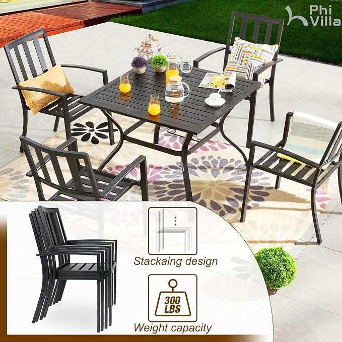 PHI VILLA 5 Pcs Outdoor Dining Set with 10ft Umbrella | 37" Square Metal Dining Table & 4 Stacking Metal Chair with 3 Tier Red Umbrella for Patio, Deck, Yard, Porch