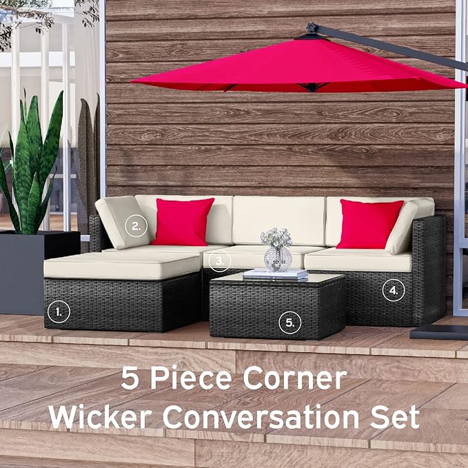 Nestl Outdoor Patio Furniture Sectional, Black Base/Off White Cushions
