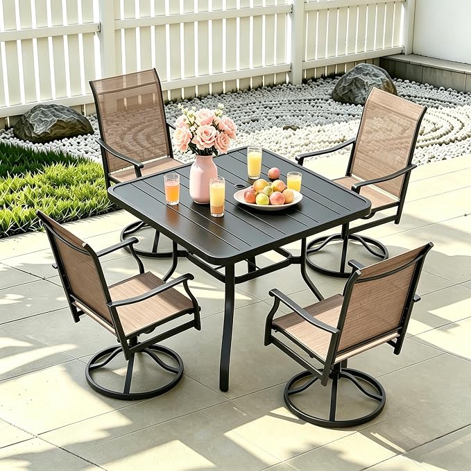4-Seat Small Metal Square Outdoor Table with Umbrella Hole, Weather-Resistant Black Patio Dining Table for Backyard, Compact Sturdy Table with Slatted Top for Porch & Poolside