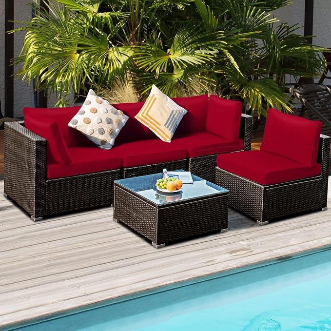 DORTALA 5 Pieces Patio Furniture Set, Outdoor Rattan L-Shaped Corner Sofa Set with Cushions, Coffee Table, Patio Sectional Conversation Set for Backyard Porch Garden Poolside, Red