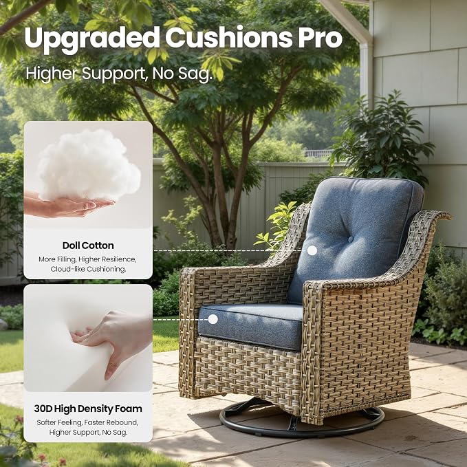 8 Piece Patio Furniture Set with Fire Pit Table, All Weather Wicker High Back Sofa Chairs Ottoman with Thick Cushion, Outdoor Conversation Sets for Large Backyard Deck Garden, Denim Blue