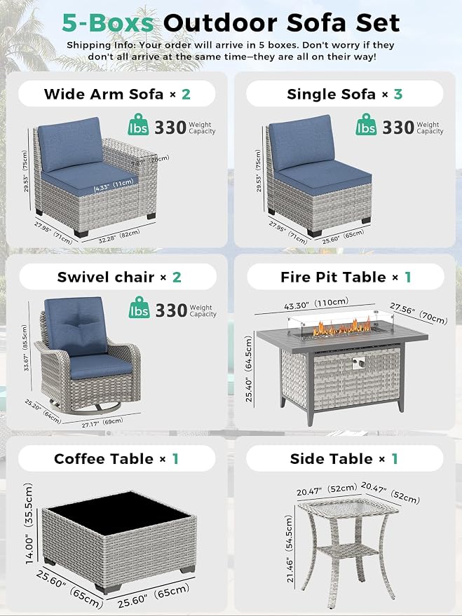 10 Piece Outdoor Wicker Sectional Sofa Set with Swivel Chairs & Fire Pit Table, 7-Seats with 4" Thickened Cushions & Coffee Table, All-Weather PE Rattan for Garden, Backyard, Porch, Blue