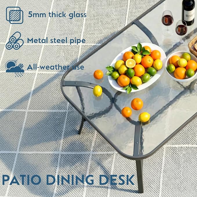 Arlopu 7-Piece Outdoor Table and Chairs for 6, Outdoor Dining Set W/Rectangle Glass Table and 6 Patio Textilene Stackable Chairs, Patio Furniture Set W/Umbrella Hole (Grey Table & Sky Blue)