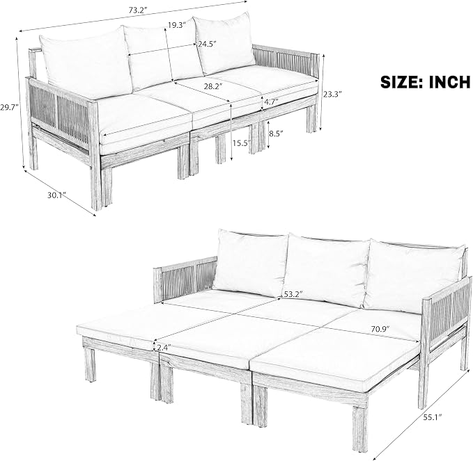 JIVOIT Outdoor Patio Daybed with Rope-Woven Armrests, Convertible Outdoor Sleeper Sofa with Acacia Wood Frame, 3 Seat Patio Sunbed for Backyard, Pool (Gray/85)