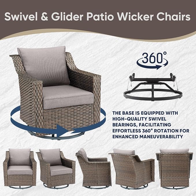 Outdoor Patio Furniture Set-Rattan Wicker Coversation Set with High Back Couch Swivel Glider Chair with Ottomans Outdoor Furniture for Porch Garden Backyard Poolside-Brown/Grey