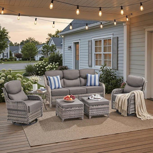 Luxury High Back Patio Furniture Set with 6-Inch Thick Cushions, 6-Pieces Outdoor Furniture with Swivel Chairs and Side Table, Wicker Conversation Set for Porch, Balcony, Deck and Yard, Grey