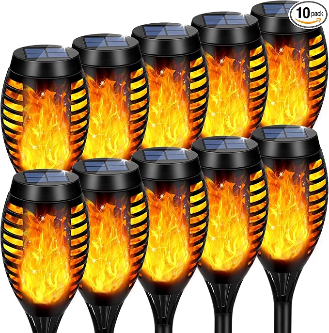 Solar Torch Lights Outdoor Flickering Flame for Halloween Decorations | Upgraded 10 Pack Flame Halloween Solar Lights Outdoor for Garden Decor, Tiki Torches for Outside Yard Patio Pathway Decor