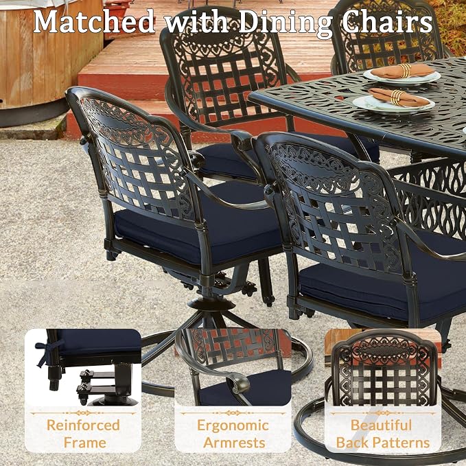 9 Piece Outdoor Patio Dining Set for 8, Cast Aluminium Large Square Dining Table & 2 Swivel Rocker Chairs, 6 Stationary, 8 Cushions, Umbrella Hole, Patio Furniture Set for Garden, Navy Blue