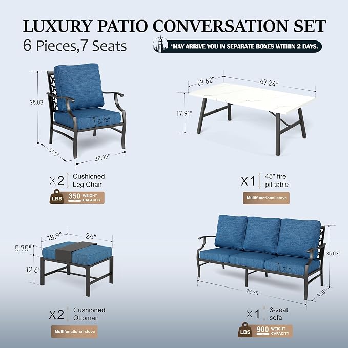 HERA'S HOUSE 6 Piece Patio Furniture Set, 2 x Metal Cushioned Chair, 2 x Cushioned Ottoman, 1 x 3-Seat Sofa with Marbling Coffee Table, Outdoor Conversation Set for Lawn Garden Backyard, Pacific Blue