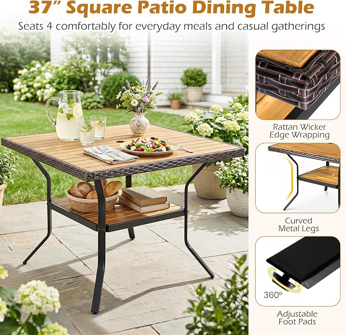 Tangkula 37" Square Wood Patio Dining Table for 4, Metal Frame Outdoor Wicker Table with Acacia Wood Tabletop, 2" Umbrella Hole, Bottom Shelf, Outside Table for Backyard, Garden, Deck, Poolside