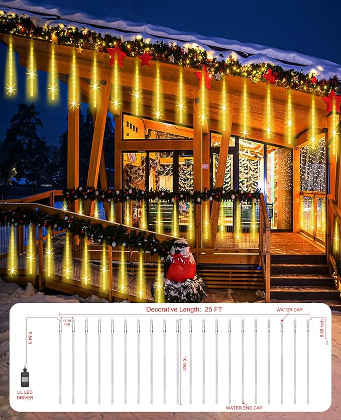 Outdoor Christmas Lights 16 Inch 20 Tubes Meteor Shower, Warm White | Falling Rain Drop Icicle String Lights, Cascading Snow Effect Waterproof Xmas Decor for Tree Wedding Party Garden Holiday