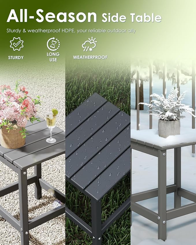 GREENVINES Adirondack-Outdoor-Side-Table | HDPE Plastic | Single-Tier | 14 x 13 in | Weatherproof | Gray | End Tables | for Patio Porch Backyard Indoor