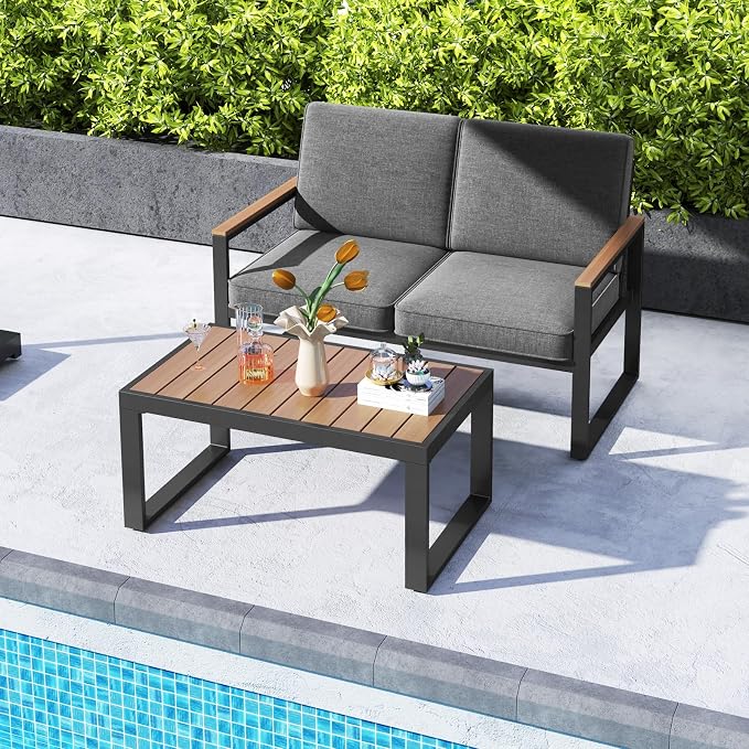 Tangkula 2 Piece Patio Aluminum Furniture Set, Outdoor Cushioned Loveseat with Coffee Table Set, with Wood-Plastic Armrests & Tabletop, for Balcony, Backyard, Poolside