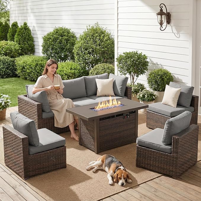 7-Pieces Patio Furniture Sets Outdoor Sectional Sofa with 44'' Propane Rattan Wicker Firepit Table, Patio Sectional Conversation Set with Cushions for Backyard, Poolside, Garden Grey
