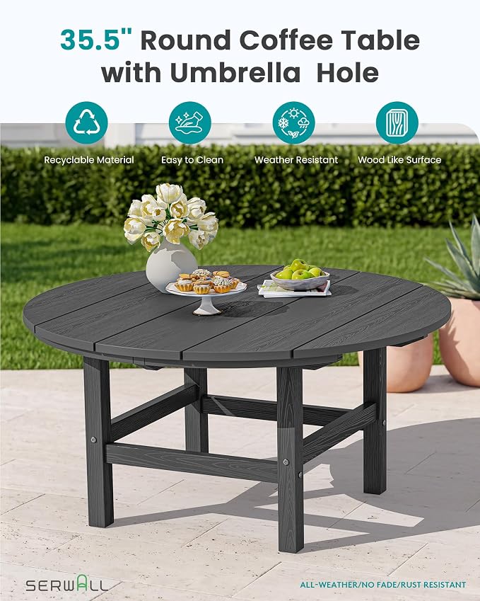 SERWALL 35.5'' Round Outdoor Table with Umbrella Hole, HDPE Weatherproof Coffee Table, Grey