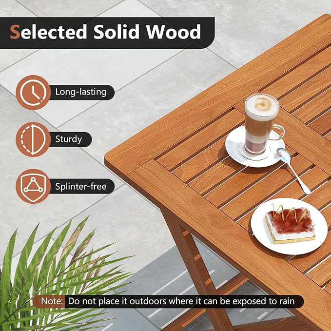 HAPPYGRILL Folding Patio Dining Table with Umbrella Hole, Solid Wood Square Table for 4 with Slatted Tabletop & X-Shaped Support Legs, Space-Saving Design, for Yard or Deck