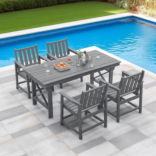 Outdoor Patio Dining Set, 5-Piece Rectangular HDPE Dining Table with Umbrella Hole and 4 Chairs, Modern Patio Furniture Dining Sets for Poolside, Deck and Garden, Gray