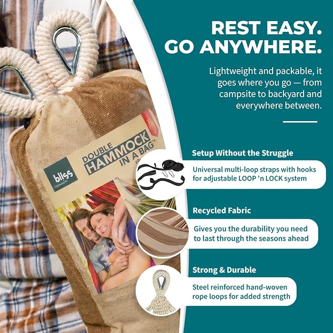 Bliss Hammocks BH-401-CP Double Hammock in a Bag, for Camping, Hiking and Outdoors, Portable, Durable, Eco-Friendly Hand-Woven Cotton and Polyester, Supports up to 265-Pounds, Cappuccino Stripe
