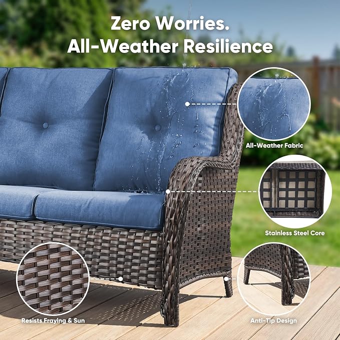 Belord 6 Piece Wicker Patio Furniture Set, Outdoor Swivel Rocker Chairs Set of 2 with Ottomans and Loveseat, All Weather Patio Conversation Furniture Set, for Pool,Yard,SunroomBrown Wicker/Blue