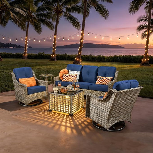 ovios 5 Piece Outdoor Patio Furniture with 3 Seat Sofa,Rattan Wicker Coversation Set with Swivel Rocking Chair,Balcony Sofa Set with Shiny Table for Outside Porch Backyard Pool, Navy Blue