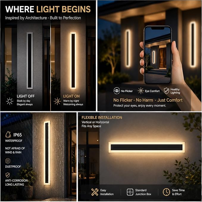 59inch-2Pack Long Outdoor Modern LED Wall Light,45W Waterproof IP65 Warm White 110V led Wall Mount Lighting Fixture Rectangular Black Wall Lights Elegant Frosted White Acrylic Anti Rust
