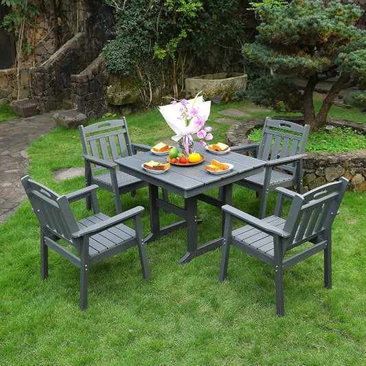 5-Pcs Outdoor Patio Dining Table Set of 5, Outdoor Patio Square 35'' Dining Table and Armchair for Lawn Garden Backyards Pool Side, Waterproof HDPE Material & 1.95'' Umbrella Hole, Gray