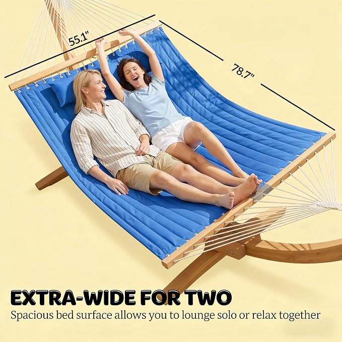 Double Hammock Outdoor Patio Garden Spreader Bars Wood | Quilted Polyester Extra Wide 2 Person Hammock Beechwood Spreader Bars Detachable Pillow Pocket and Hanging Kit Included