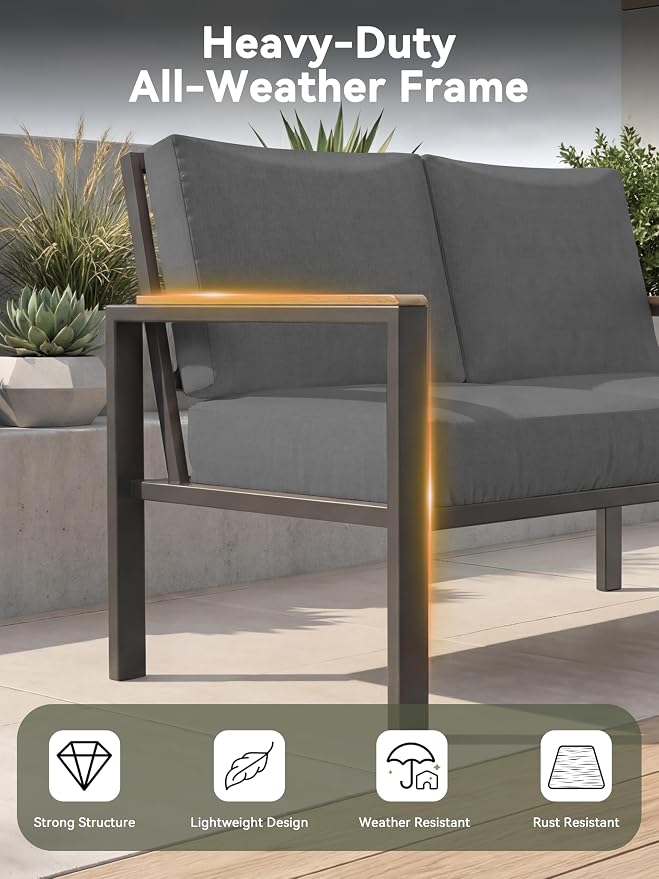 5-Piece Patio Furniture Set with Fire Pit Table & Coffee Table & Removable Washable Cushions, All-Weather Metal Frame and Wood-Like Armrests for Porch, Garden, Balcony,Black