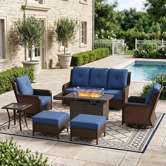Sundale Outdoor Wicker Patio Furniture Set with Fire Pit, 7 Piece Outdoor Furniture Set with Swivel Chairs, Couch & Ottoman, High Back Patio Conversation Sets with 6" Cushions for Yard, Deck (Blue)