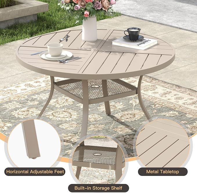 Patio Dining Set for 4, Round 40.7" Patio Dining Table and Stackable Outdoor Dining Chairs Outdoor Furniture for Backyard Porch Deck, Spliced Sandshell Table and Sandshell Chairs