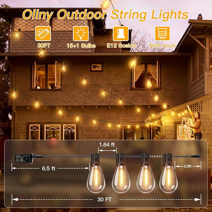 Ollny S11 Outdoor String Lights with Remote, 30 FT 3 Modes Dimmable Timers Waterproof Connectable Patio Lights, 15+1 LED Spare Bulb Dusk to Dawn Hanging Light for Indoor Porch Balcony Cafe