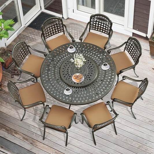 MEETWARM 9-Piece Outdoor Dining Set, All Weather Cast Aluminum Patio Table and Chairs Set with 8 Cushioned Chairs, 61" Round Patio Dining Table with Detachable Lazy Susan, 2" Umbrella Hole,Dark Bronze