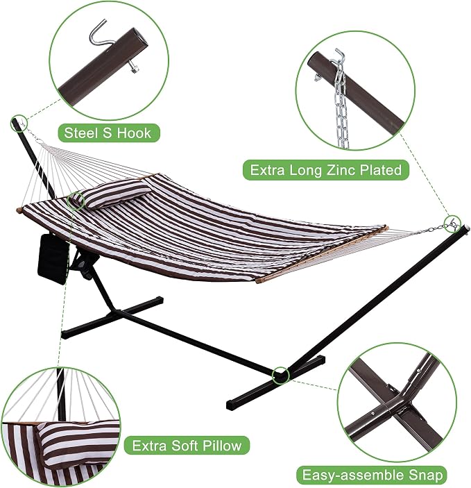 Lazy Daze Hammocks Double Hammock with 12 ft Steel Stand, 2 Person Cotton Rope Hammock with Quilted Pad, Spreader Bars, Detachable Pillow, Mag Bag & Cup Holder, Brown/White Stripe