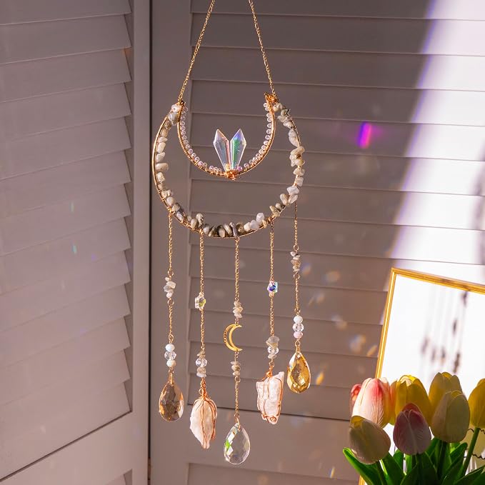 Crystal Suncatcher - Dreamsum Hanging Suncatchers with Crystals and Stones | Sun Catchers Indoor, Window Catcher with Prism Pendants Stones Slices, Moon Crystal Suncatchers gift for Girls, Lover and Mom