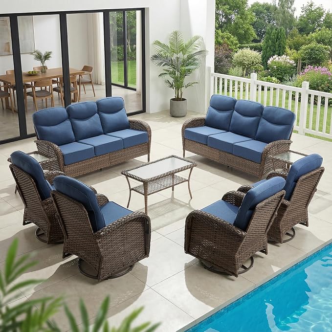 HUMMUH 9-Piece Patio Furniture Set with Upgraded 6" Thick Cushion - High Back Outdoor Swivel Rocker Chairs with 3-Seater Sofa Set of 2,Wicker Outdoor Conversation Set for Deck, Porch, Yard, Poolside