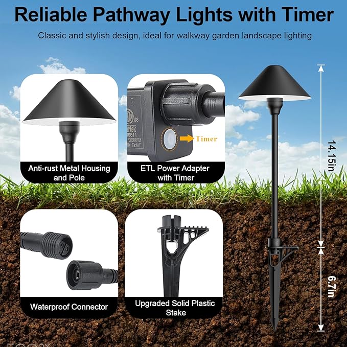 Low Voltage Pathway Lights with Transformer, 4H/6H/8H Cycle Timer | Plug and Play, Non-hardwired, Waterproof Low Voltage Landscape Lighting for Flower Bed Backyard Walkway Driveway, Set of 6