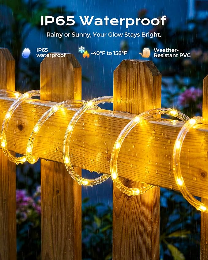 Brightown 39FT 100LED Warm White Solar Rope Lights Waterproof | IP65 waterproof solar fairy lights with 8 lighting modes, solar powered, perfect decor for yard, garden and outdoor tree