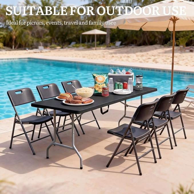 DWVO 6FT Folding Table, Heavy Duty Folding Tables with Carrying Handle, HDPE Fold up Table for Outdoor Camping Picnic Parties, Indoor Events (Black)