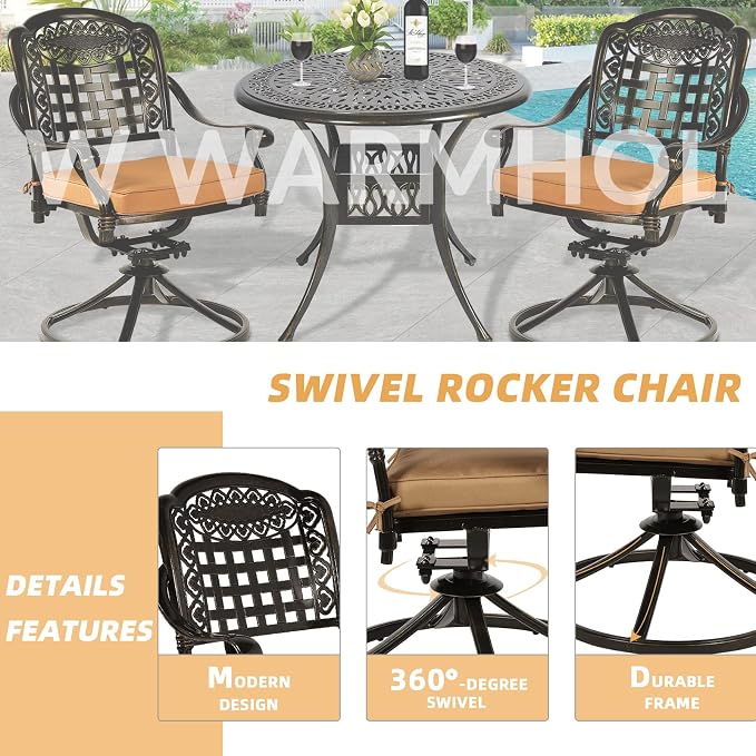 5 Piece Patio Dining Set, Outdoor Table and Chairs Set for 4 Cushioned Swivel Rocking Chairs and 35.4'' Round Table, All-Weather Cast Aluminum Patio Funiture Set, 2'' Umbrella Hole