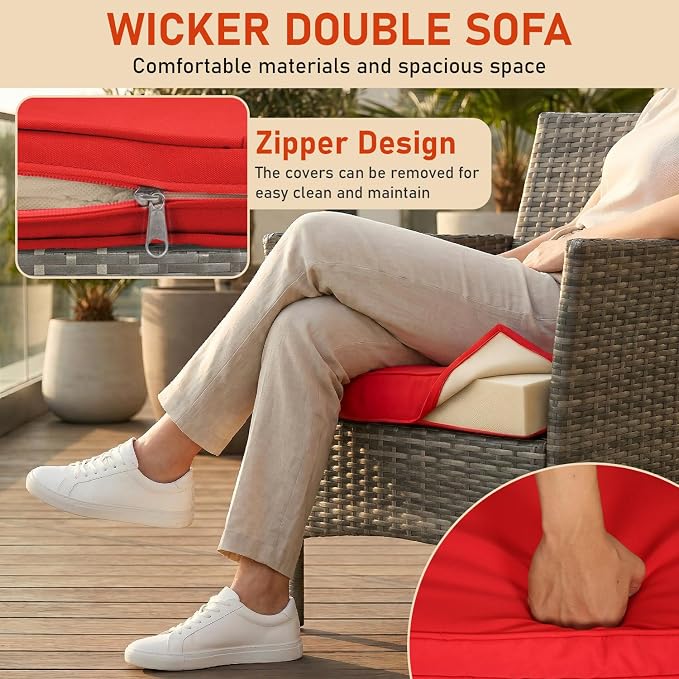 3 Pieces Patio Furniture Outdoor Bistro Set Outdoor&Indoor Conversation Set Coffee Table Chairs Set for 2 with Water-Resistant Cushions for Lawn Yard Garden Porch Balcony and Pool,Grey and Red